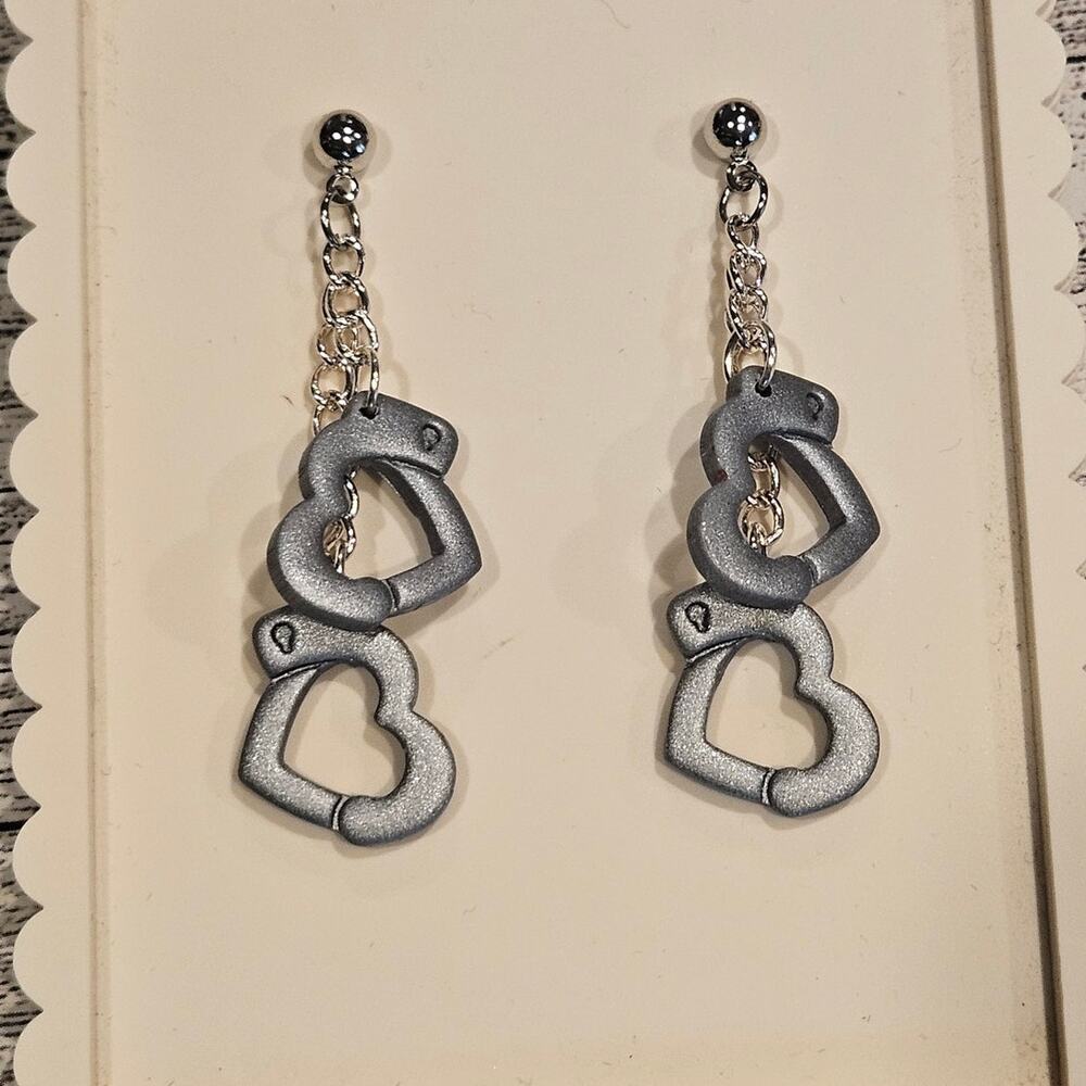 Silver Heart Handcuff Dangle Earrings Polymer Clay‎ Handmade Bold